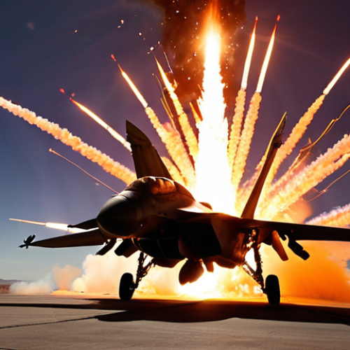Home 15 **Image of a fighter jet deploying flares.** The jet is silhouetted against a fiery background of multiple flares being released. Focus on the contrast between the aircraft and the bright, chaotic burst of IR decoys. Emphasis should be on a dynamic, action-packed scene.