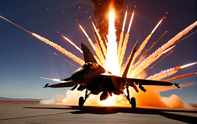 **Image of a fighter jet deploying flares.** The jet is silhouetted against a fiery background of multiple flares being released. Focus on the contrast between the aircraft and the bright, chaotic burst of IR decoys. Emphasis should be on a dynamic, action-packed scene.
