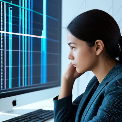 Home 14 A thoughtful female professional in a modest business suit, sitting at a sleek desk in a minimalist, high-tech office. She is looking intently at a glowing, abstract data visualization projected onto a holographic interface, symbolizing complex AI algorithms. The background features subtle, interconnected light patterns on a wall, representing a vast network. The scene conveys contemplation on the ethical implications of technology. Professional photography, high resolution, crisp detail, soft ambient lighting, fully clothed, appropriate attire, safe for work, appropriate content, professional, perfect anatomy, correct proportions, natural pose, well-formed hands, proper finger count, natural body proportions.