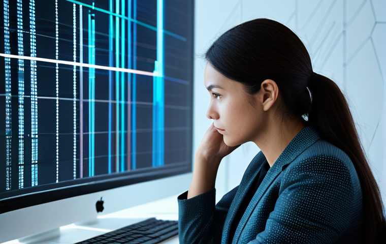 A thoughtful female professional in a modest business suit, sitting at a sleek desk in a minimalist, high-tech office. She is looking intently at a glowing, abstract data visualization projected onto a holographic interface, symbolizing complex AI algorithms. The background features subtle, interconnected light patterns on a wall, representing a vast network. The scene conveys contemplation on the ethical implications of technology. Professional photography, high resolution, crisp detail, soft ambient lighting, fully clothed, appropriate attire, safe for work, appropriate content, professional, perfect anatomy, correct proportions, natural pose, well-formed hands, proper finger count, natural body proportions.