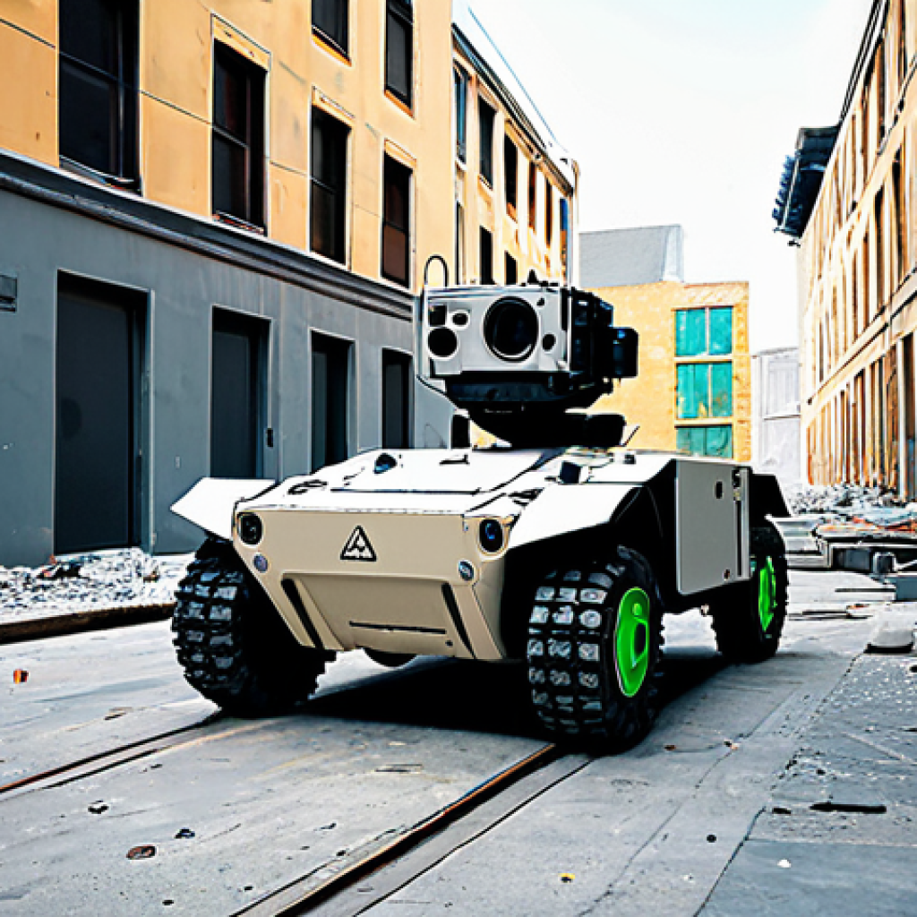 UGV Scout in Urban Environment**

"A modern Unmanned Ground Combat Vehicle (UGCV) acting as a scout in a derelict urban environment. The UGV is equipped with advanced sensors (LiDAR, cameras), navigating rubble and debris. Focus on the AI and autonomous navigation capabilities. Fully clothed, appropriate content, safe for work, perfect anatomy (of the UGV), natural proportions, professional photo, realistic, detailed, modest. Include graffiti on walls as part of the urban setting."

**