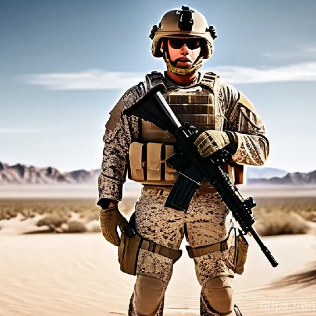 해병대 장비 특징 - **Prompt:** A highly detailed full-body shot of a U.S. Marine, male or female, standing confidently ...