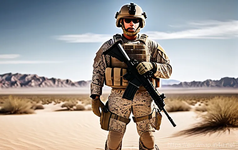 해병대 장비 특징 - **Prompt:** A highly detailed full-body shot of a U.S. Marine, male or female, standing confidently ...
