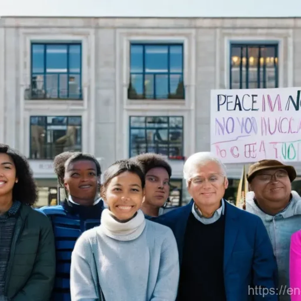 전술 핵무기 사용 가능성 - **Prompt:** A diverse group of people, including young adults and teenagers, stand together in a wel...