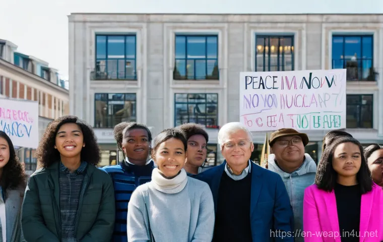 전술 핵무기 사용 가능성 - **Prompt:** A diverse group of people, including young adults and teenagers, stand together in a wel...