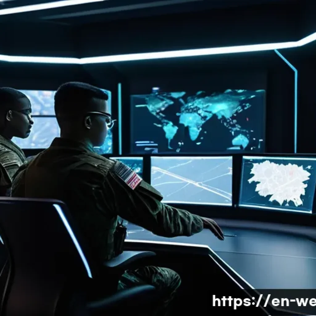 장거리 포병 운용 전략 - **AI-Augmented Artillery Command Post**
    A futuristic, dimly lit military command center. In the ...