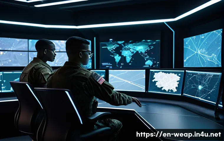 장거리 포병 운용 전략 - **AI-Augmented Artillery Command Post**
    A futuristic, dimly lit military command center. In the ...