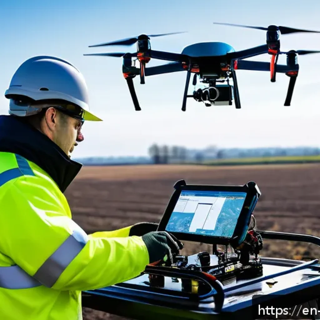 소형 UAV와 대형 UAV 비교 - A highly detailed scene showing a professional industrial drone operator setting up a large drone wi...