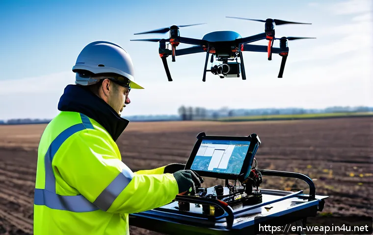 소형 UAV와 대형 UAV 비교 - A highly detailed scene showing a professional industrial drone operator setting up a large drone wi...
