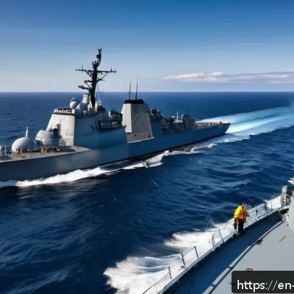 대잠 작전 수행 방식 - A highly detailed modern naval anti-submarine warfare scene featuring a large destroyer equipped wit...