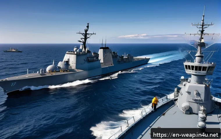 대잠 작전 수행 방식 - A highly detailed modern naval anti-submarine warfare scene featuring a large destroyer equipped wit...