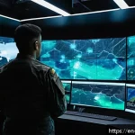 전장 인공지능 활용 기술 - A high-tech military command center with multiple large transparent digital screens showing fused re...