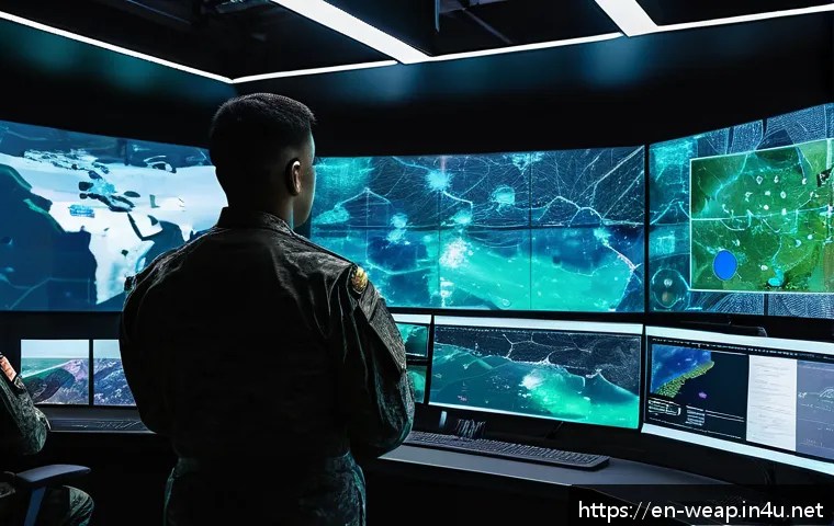 전장 인공지능 활용 기술 - A high-tech military command center with multiple large transparent digital screens showing fused re...