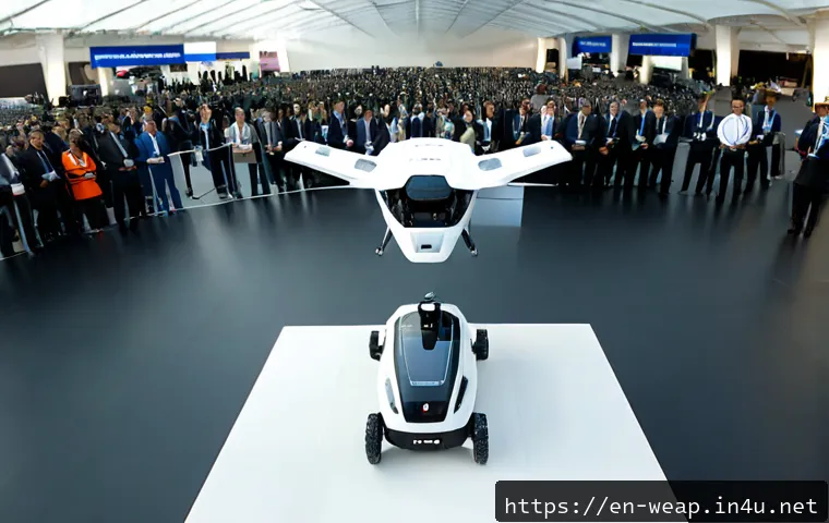 Home 17 무기 박람회 주요 트렌드 - Photorealistic international defense technology expo inside a spacious modern convention hall, a sle...